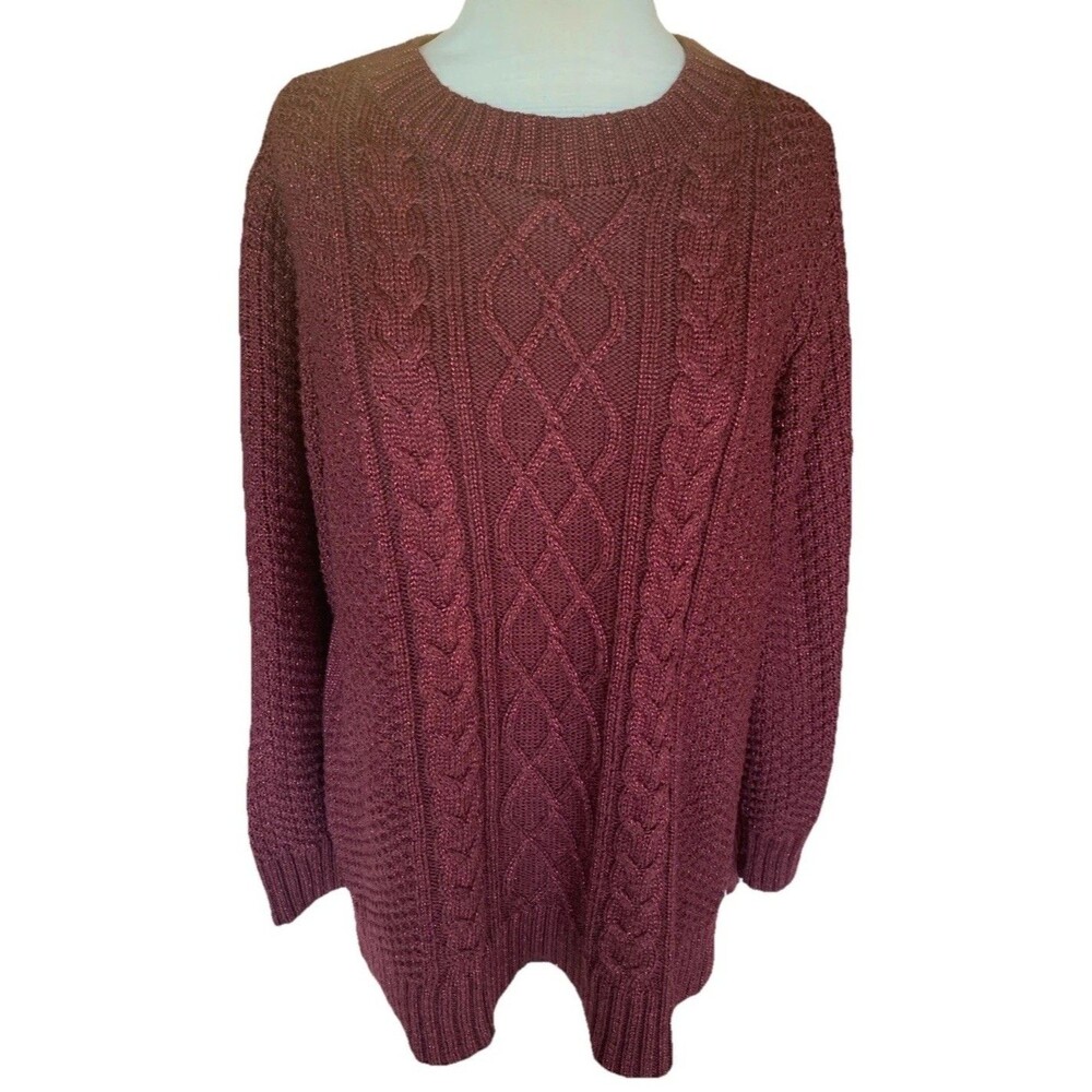 Lane Bryant Burgundy Cable Knit Sweater Metallic Sz 14/16 Large Soft Cozy Cabin